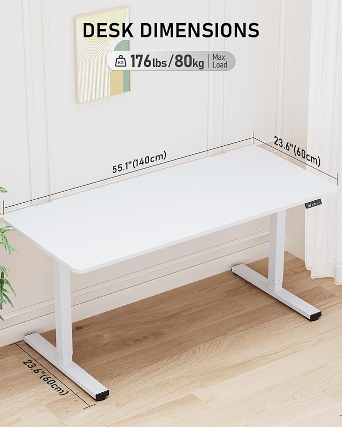 Standing Desk, Large Height Adjustable Electric Stand up Desk, 55 x 24 Inches Sit Stand Home Office Desk, with Splice Board, White Frame/White Top
