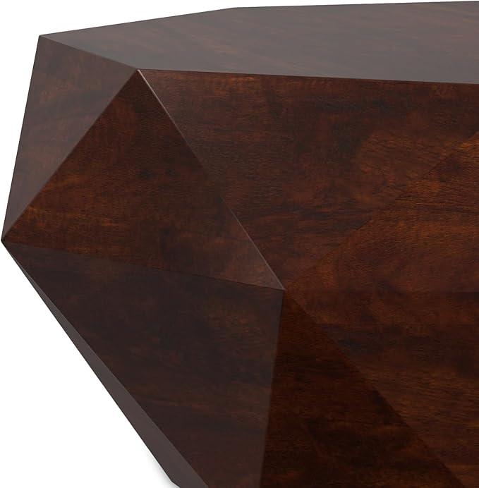 SIMPLIHOME Zayn Coffee Table - 35 inch Wide Solid Acacia Wood Geometric Drum Cocktail Table in Walnut Brown, Modern Living Room Table with Octogon-Shaped Tabletop and Faceted Design, Assembled