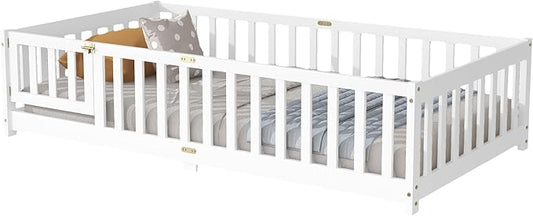 Twin Floor Bed with Slats and Center Support Bar, Wood Montessori Floor Bed with Fence and Door, Kids Montessori Bed Twin Size, Twin Size Montessori Floor Bed for Kids, Girls, Boys(Twin White)