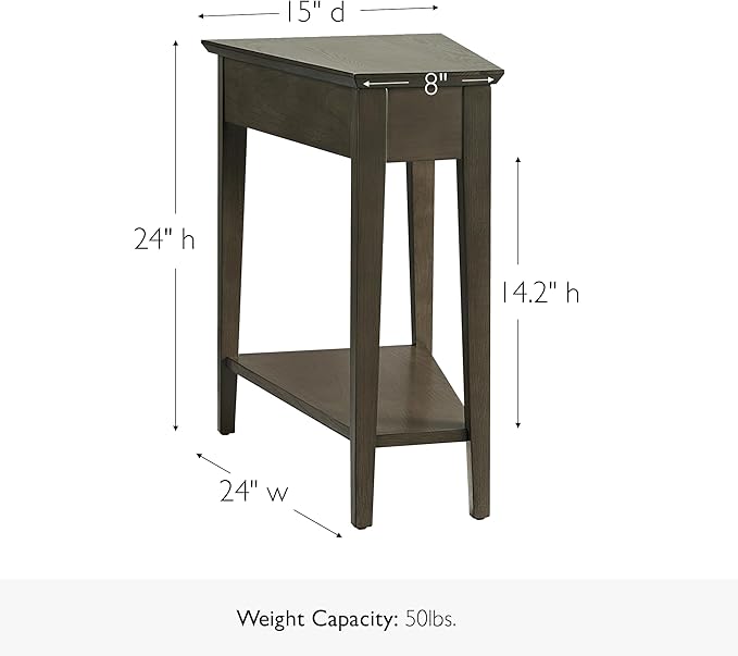 Leick Home Teegan End Table, Solid Wood, Bottom Display Shelf, Narrow Wedge, For Living Room/Bedroom, Smoke Gray, 24.0 in L x 15.0 in. W x 24.0 in. H