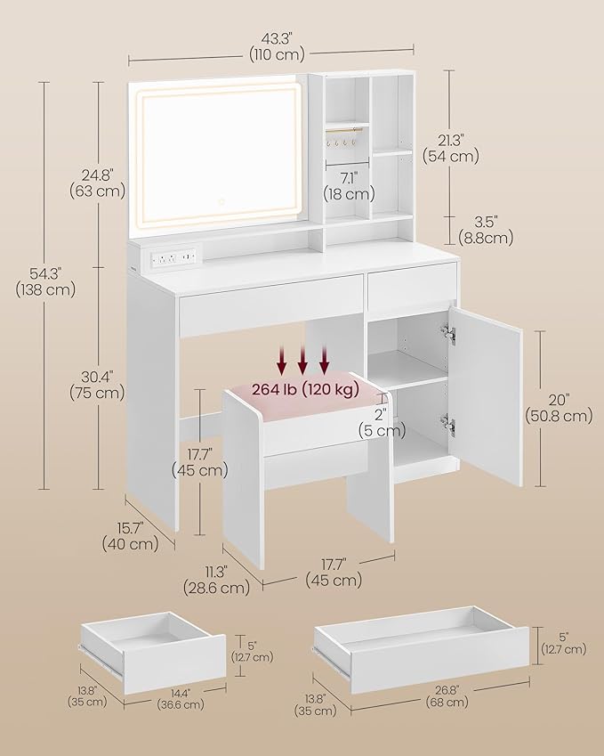 VASAGLE Vanity Desk with Mirror and Lights, Power Outlets, Vanity Table Set with Stool, Drawers, 43.3-Inch Wide Makeup Vanity, Jewelry Storage, Adjustable Shelves, for Bedroom, Cloud White URDT632W02