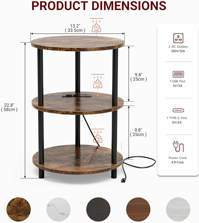 Small Round End Table - 3 Tier Design Accent Table, Narrow Side or Bedside Stand, Industrial Vintage Table for Small Spaces, Built-in USB Ports and Power Outlet, Rustic Brown
