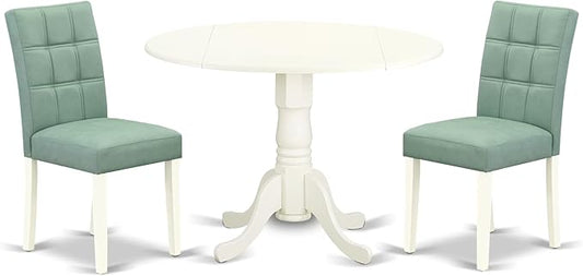 East West Furniture DLAS3-WHI-43 3 Piece Modern Dining Set contain A Wood Dining Table and 2 Willow Green Polyester Fabric Mid Century Chairs, Linen White