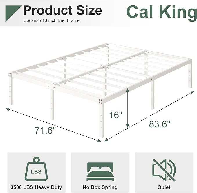 16 Inch White California King Bed Frames No Box Spring Need, Platform Cal King Bed Frame with High Storage, Eassy Assembly 3,500 lbs Heavy Duty Bedframes
