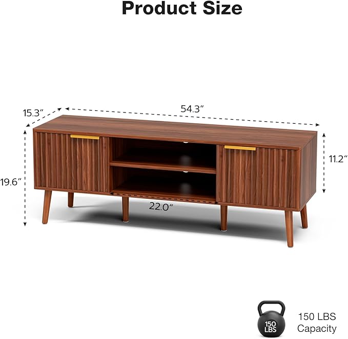 TV Stand for Living Room, Mid Century Modern Entertainment Center for 55/60/65 inch TVs, TV Console with Fluted Door Cabinets and Open Shelves, for Bedroom, Walnut