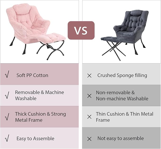 Lazy Chair with Ottoman, Modern Chair with Folding Footrest, Lounge Accent Chair, Comfortable Reading Chair, Oversized Armchairs for Bedroom, Study, Living Room(Plush Pink)