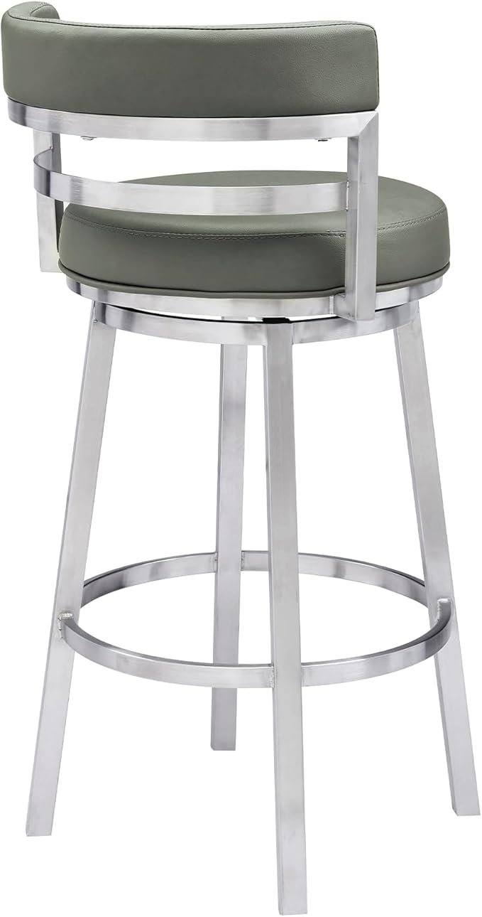Armen Living Madrid 30" Bar Height Swivel Modern Grey Faux Leather and Brushed Stainless Steel Bar Stool for Kitchen Island Counter