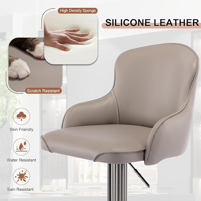 Black Titanium Stainless Steel Bar Stools,Grade Modern Leather Bar Chair with Backrest,Swivel Adjustable Height for Kitchen Counter and Dining Room (Grey Leather-2pcs)