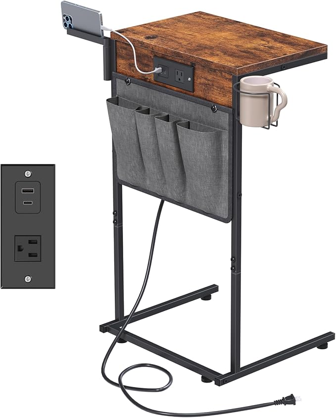 C Shaped End Table with Charging Station, Small TV Tray with Cup Holder and Phone Holder, Couch Side Tables that Slide Under with Storage Bag for Sofa, Recliner, Rustic Brown