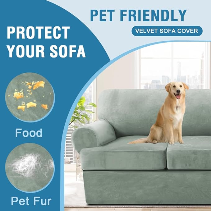 H.VERSAILTEX Sofa Cover 3 Piece T Cushion Sofa Slipcovers Thick Velvet Couch Cover Stretch T Cushion Sofa Covers for 2 Cushion Couch with 2 Individual T Cushion Covers Washable, Sea Grass