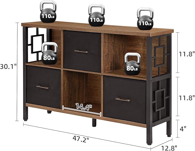 HOMISSUE 6 Cube Storage Organizer Shelf, Rustic Short Bookshelf with 3 Storage Bins, Industrial Horizontal Bookshelf with Metal Frame, Low and Wide Cube Bookcase for Living Room and Office, Brown