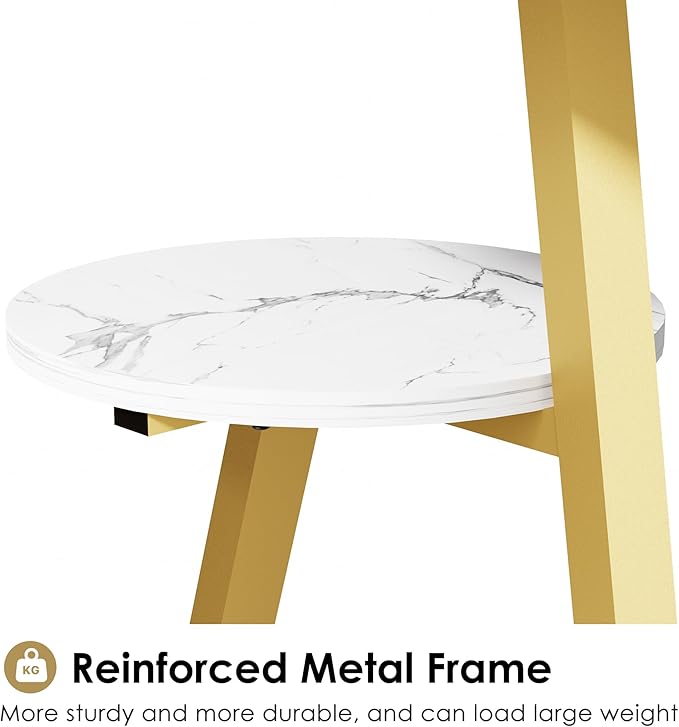 BEWISHOME Round End Table Marble Side Table with Metal Frame, Small Nightstand with 3-Tier Shelves, Night Stand for Living Room Bedroom Tall Gold White Stand KTZ41J