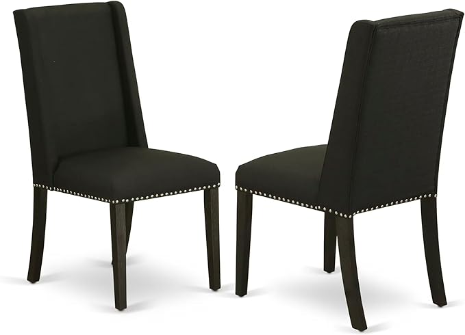 East West Furniture V697FL624-7 7 Piece Modern Dining Table Set Consist of a Rectangle Wooden Table with V-Legs and 6 Black Linen Fabric Parson Dining Chairs, 40x72 Inch, Multi-Color
