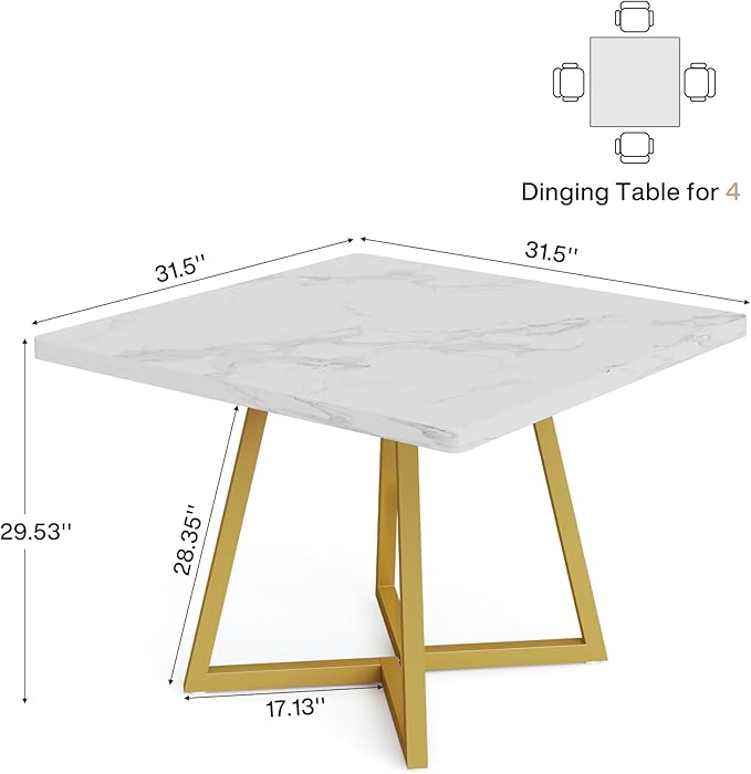 Tribesigns Square Dining Table for 2, 31.5" Modern Dinner Table with Metal Base, Kitchen Table for Dining Room, Small Space, Apartment, White & Gold