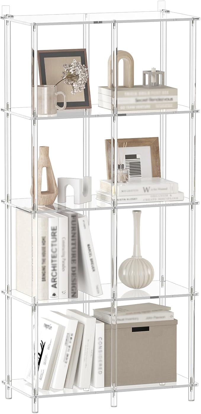5-Tier Acrylic Bookshelf with 8 Cube Storage, Clear Bookcase for Home Office, Mordern, Multifunctional Open Book Shelves for Living Room, Bedroom, 50.8" H, Easy Assembly