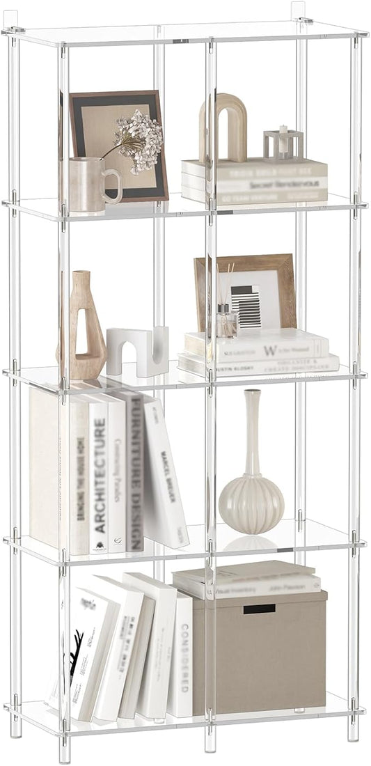 5-Tier Acrylic Bookshelf with 8 Cube Storage, Clear Bookcase for Home Office, Mordern, Multifunctional Open Book Shelves for Living Room, Bedroom, 50.8" H, Easy Assembly