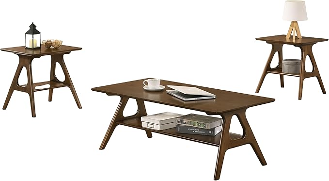 Roundhill Furniture Arona 3-Piece Coffee Table Set, Coffee Table and Two End Tables, Walnut