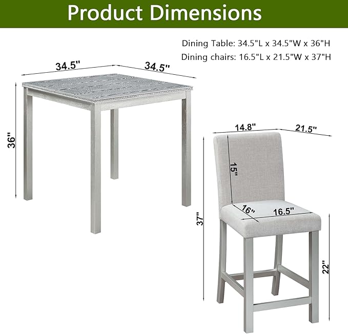 KEIKI 5-Piece Counter Height Dining Table Set with Square Table and 4 Upholstered Chair, for 4 Person, Classic Crystal Decoration Wooden Table Set, Easy Assembly, for Kitchen, Dining Room, Silver Grey