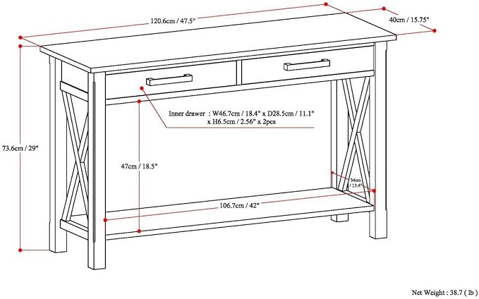SIMPLIHOME Kitchener Console Table - 47 Inch Wide Solid Wood Sofa Table in Distressed Grey, Contemporary Storage Table for Entryway or Living Room with 2 Drawers, Bottom Shelf, and X-Design Sides