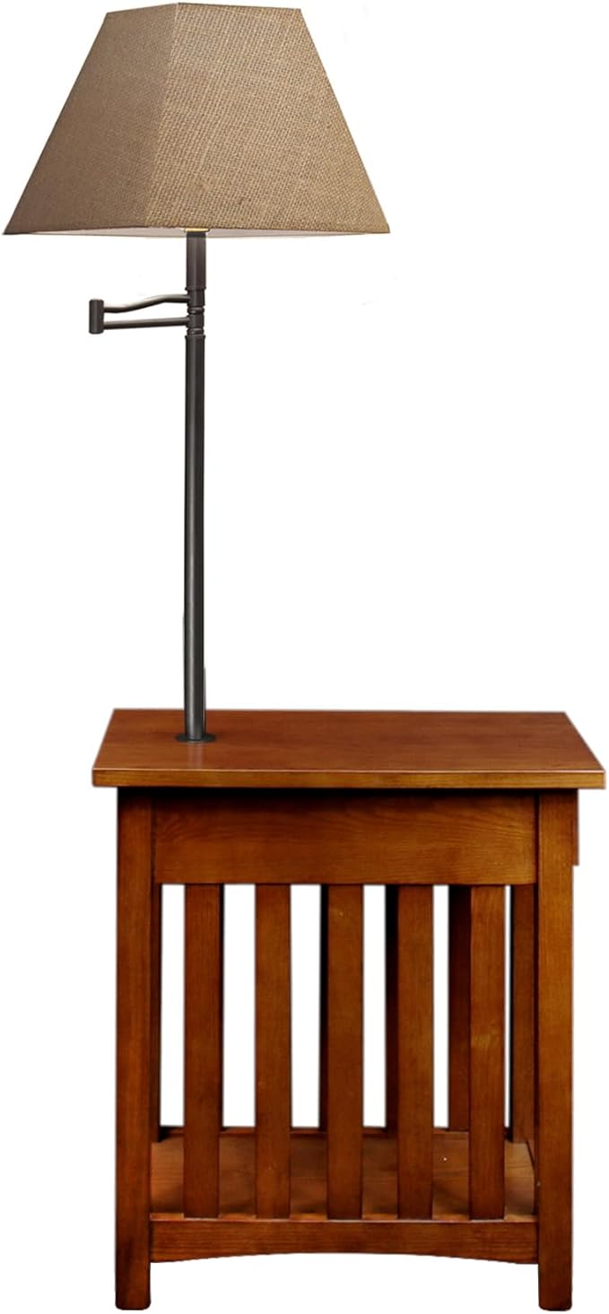 Leick Home Mission End Table, Solid Wood, Built-In-Lamp, 1 Drawer, Bottom Display Shelf, Slatted Sides, Easy-Assembly, Medium Oak, 22.5 in. L x 12.0 in. W x 60.0 in. H, 10028