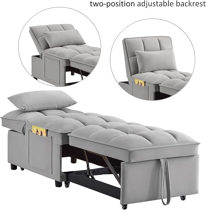 KEIKI Velvet Single Convertible Sleeper Chair Sofa Bed with Adjustable Backrest, Pillows & Storage Pockets, 3 in 1 Pull-Out Couch Chaise Lounge Recliner for Living Room Balcony Bedroom, Grey