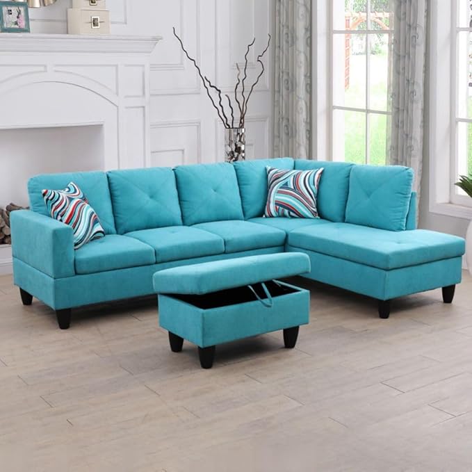 Light Blue L-Shaped 3-Piece Linen Sofa with Storage Ottoman Set, Sectional Couch Sofa Set for Living Room, Office, Small Space