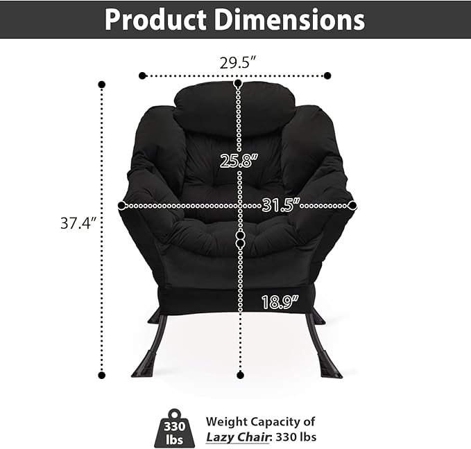 Lazy Chair Thick Padded, Comfy Velvet Accent Lounge Chair with Stable Frame, Leisure Sofa Armchair with Armrests and Side Pocket, Reading Chair for Bedroom, Living Room, Office, Black