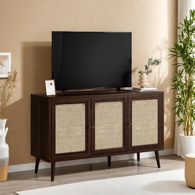 Rattan Entryway Table, Entertainment Center with Adjustable Shelf, Sideboard Buffet Cabinet with 3 Rattan Doors, Modern Console Cabinet with Large Storage for Living Room, Kitchen, Dark Brown