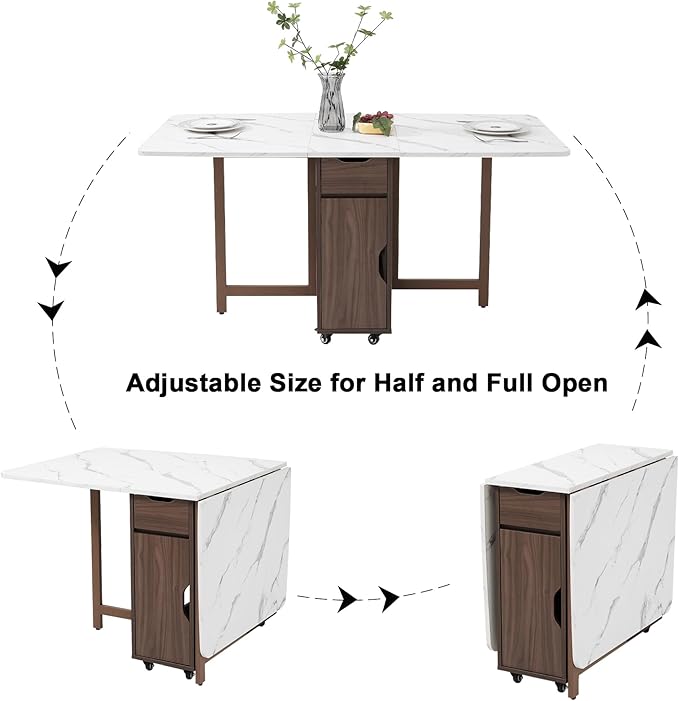 Foldable Space Saving Dining Table Extendable, Folding Dining Table with Storage and Wheels 2-Layers, Versatile Drop Leaf Table Modern for Living Room, Kitchen, RV Campers (Walnut)