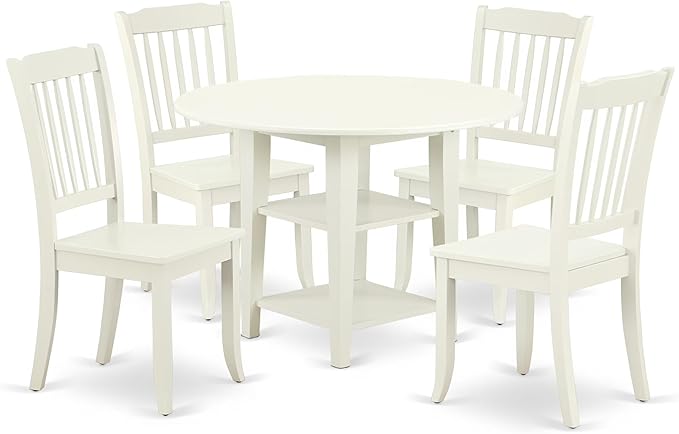 East West Furniture SUDA5-LWH-W 5 Piece Dining Room Furniture Set Includes a Round Kitchen Table with Dropleaf & Shelves and 4 Dining Chairs, 42x42 Inch, Linen White