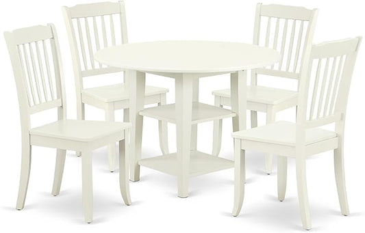 East West Furniture SUDA5-LWH-W 5 Piece Dining Room Furniture Set Includes a Round Kitchen Table with Dropleaf & Shelves and 4 Dining Chairs, 42x42 Inch, Linen White