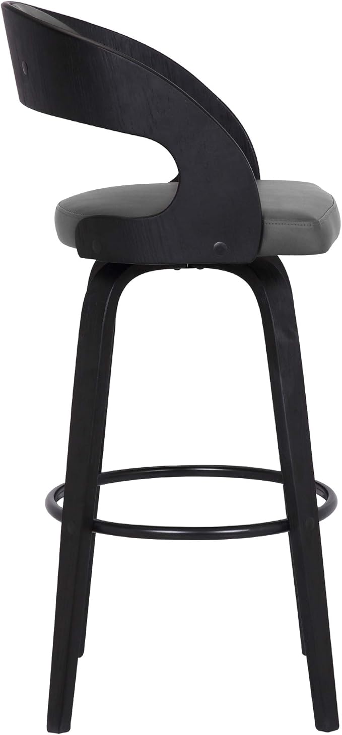 Armen Living Shelly 26" Counter Height Swivel Gray Faux Leather and Black Wood Bar Stool