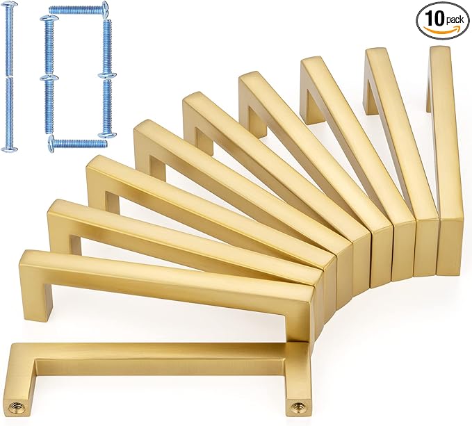 KOOFIZO Solid Square Bar Cabinet Handle - Brushed Gold Furniture Pull, 3.8 Inch/96mm Screwhole Distance, 10-Pack for Kitchen Cupboard Door, Bedroom Dresser Drawer, Bathroom Wardrobe Hardware
