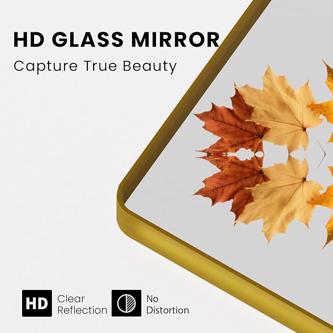 Gold Bathroom Mirror, 48x36 Inch Brushed Gold Metal Frame Mirror for Wall, Rounded Rectangle Bathroom Vanity Mirror, Tempered Glass, Anti-Rust, Horizontal/Vertical