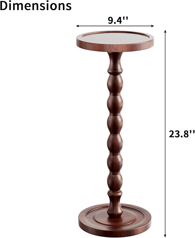 Solid Wood Drink Table, Rubber Wood‌ Small Round Side Table for Small Spaces, Martini Tables, Pedestal End Tables for Living Room, Bedroom, Corners, and Office (Dark Walnut, 9.4 inch)