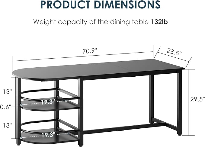 soges Dining Table for 4-6 Person, 71 inch Long Kitchen Dining Table for Living Room and Dining Room, Dinner Table with Storage Shelf & Cup Holder, Metal Legs(Only Table), Black