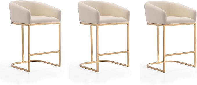 Manhattan Comfort Louvre 26 Inch Mid Century Modern Counter Height Bar Stools - Elegant Faux Leather Padded Seat, Stainless Steel Base with Footrest, Fully Assembled Barstools, Set of 3, Cream