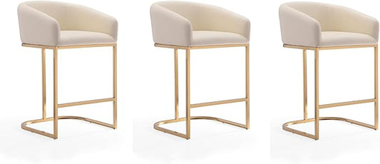 Manhattan Comfort Louvre 26 Inch Mid Century Modern Counter Height Bar Stools - Elegant Faux Leather Padded Seat, Stainless Steel Base with Footrest, Fully Assembled Barstools, Set of 3, Cream