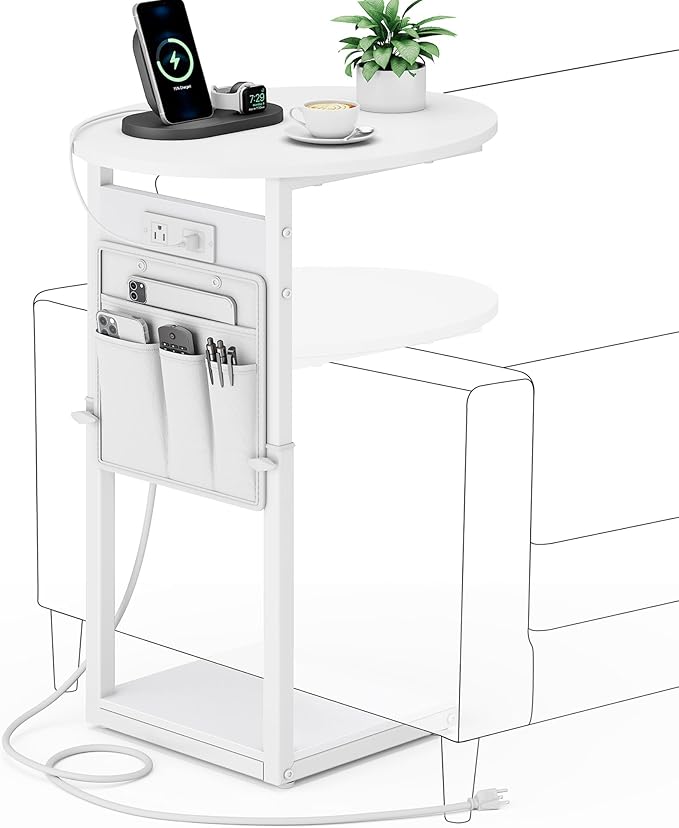 Vagusicc C Shaped End Table with Charging Station, 32" Tall Side Table for Couch and Recliner, Adjustable Height Small Couch Side Table Slide Under Sofa TV Tray Table for Living Room, Bedroom, White