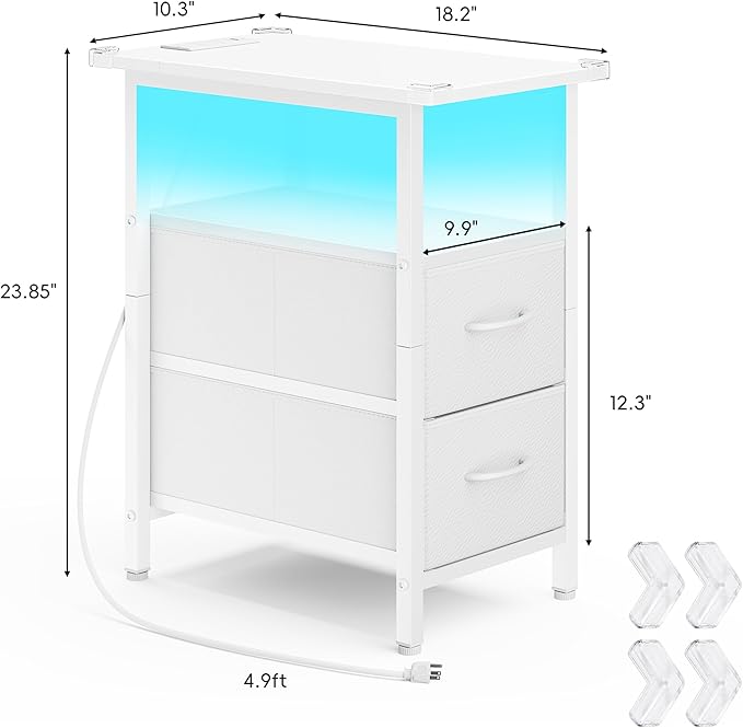 Vagusicc Set of 2 White Nightstand with Charging Station and LED Lights, Narrow Side Table, LED Night Stand with 2 Fabric Drawers, Bedside Table Small End Table, Tall Nightstand for Bedroom, White
