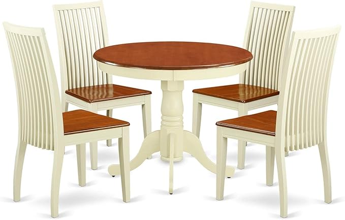 East West Furniture ANIP5-BMK-W 5 Piece Dining Table Set for 4 Includes a Round Kitchen Table with Pedestal and 4 Dining Room Chairs, 36x36 Inch, Buttermilk & Cherry