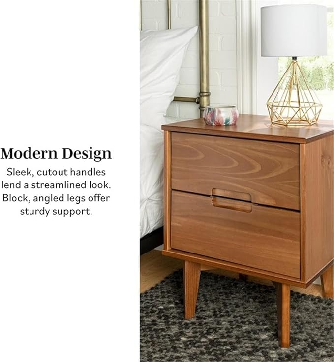 Walker Edison Mid Century Modern Grooved Handle Wood Nightstand Side Table Bedroom Storage Drawer and Shelf Bedside End Table, 2 Drawer, Caramel