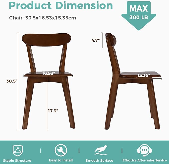 Solid Wood Dining Chairs Set of 2, Mid Century Modern Dining Room Chairs with Curved Backrest, Wooden Armless Kitchen Chairs for Dining Room, Space Saving, Walnut