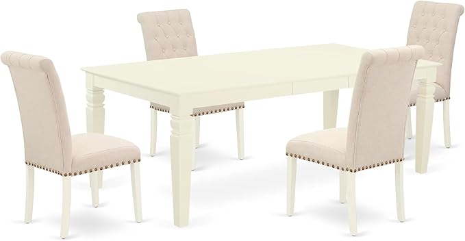 East West Furniture LGBR5-LWH-02 5 Piece Dining Room Table Set Includes a Rectangle Kitchen Table with Butterfly Leaf and 4 Light Beige Linen Fabric Parson Chairs, 42x84 Inch, Linen White