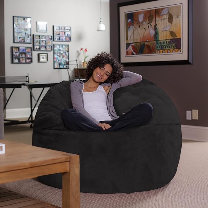 Sofa Sack Bean Bag Chair - Plush, Ultra Soft - Memory Foam Bean Bag Chair with Faux Rabbit Fur Cover - Stuffed Foam Filled Furniture and Accessories for Dorm Room 5 Feet - Black