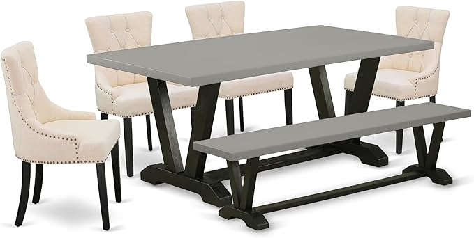 East West Furniture V697FR102-6 6 Piece Dining Table Set Contains a Rectangle Kitchen Table with V-Legs and 4 Light Beige Linen Fabric Parson Chairs with a Bench, 40x72 Inch, Multi-Color