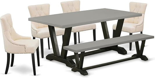 East West Furniture V697FR102-6 6 Piece Dining Table Set Contains a Rectangle Kitchen Table with V-Legs and 4 Light Beige Linen Fabric Parson Chairs with a Bench, 40x72 Inch, Multi-Color