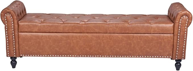 VEVOR Button-Tufted Storage Ottoman Bench, Rolled Arm PU Leather Bench with Solid Wood Legs, Modern Shoe Benches Seat for Entryway, Upholstered End of Bed Benches for Living Room, Dining Room, Brown