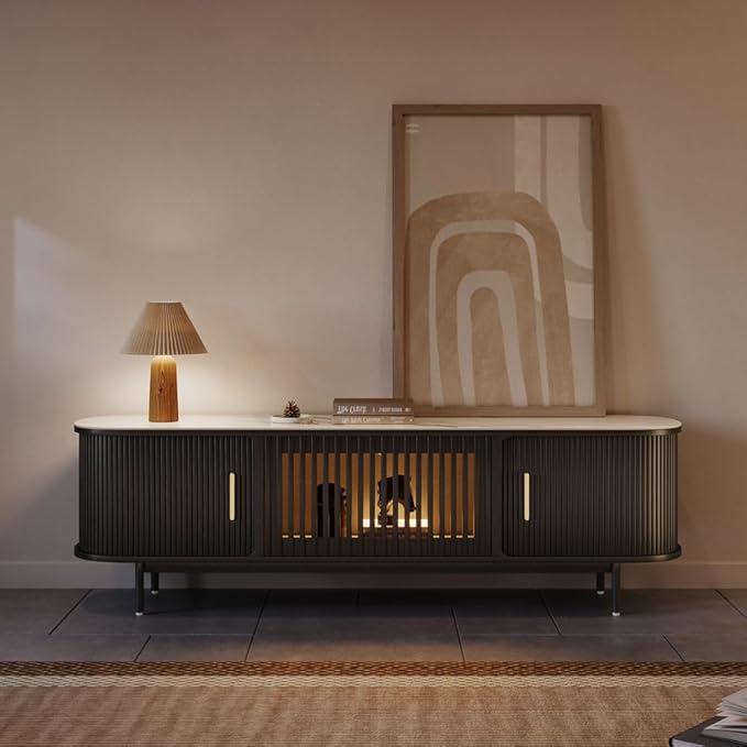 POVISON Fully-Assembled Mid Century Modern Black TV Stand with White Glossy Sintered Stone Tabletop & LED Lights, Rolling Door Media Console, Wood TV Console for Living Room