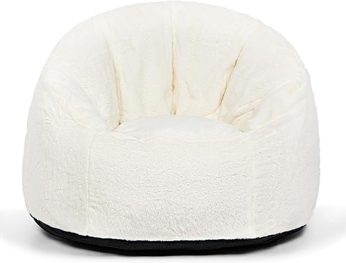 N&V Medium Shell Bean Bag Chair, Adult Size Bean Bag Sack, Foam Filling, Includes Removable and Machine Washable Cover, 37in, Soft Faux Fur, White